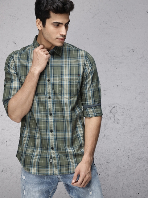 

Ecko Unltd Men Olive Green & Blue Slim Fit Checked Casual Shirt