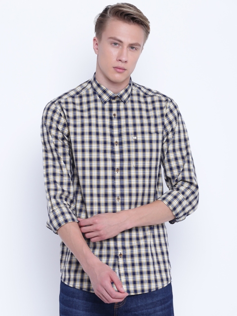 

Blackberrys Men Navy & Mustard Yellow Slim Fit Checked Casual Shirt, Navy blue