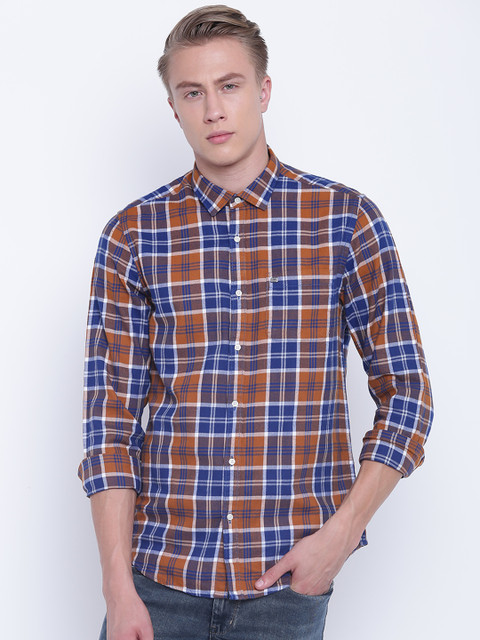 

Blackberrys Men Blue & Brown Slim Fit Checked Casual Shirt