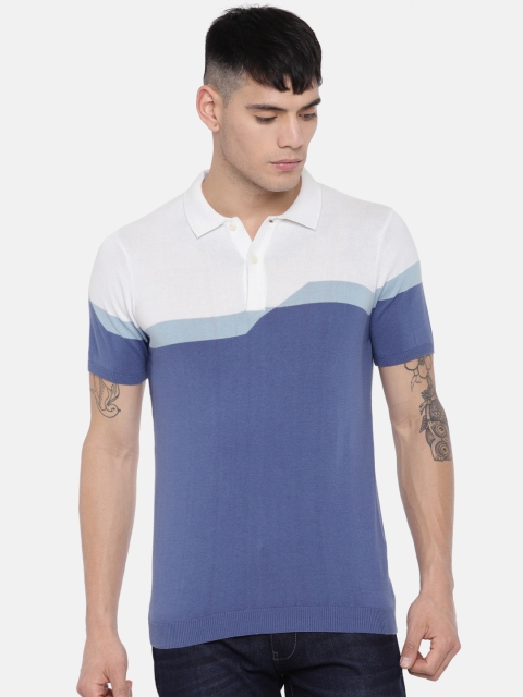 

Blackberrys Men Blue& White Slim Fit Colourblocked Polo Collar T-shirt
