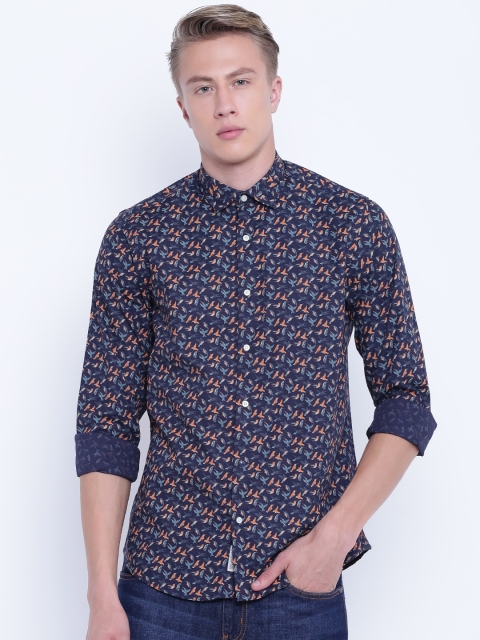 

Blackberrys Men Navy Blue & Orange Slim Fit Printed Casual Shirt