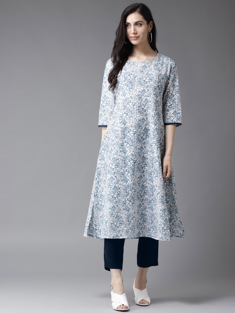 

HERE&NOW Women White & Navy Blue Printed Kurta with Trousers