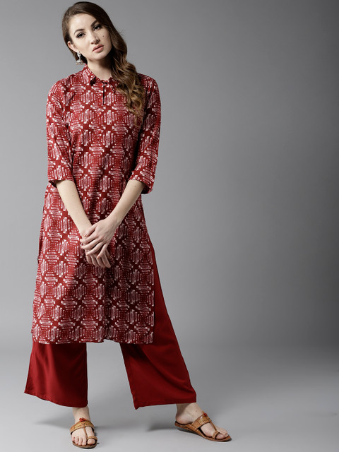 

HERE&NOW Women Maroon & Off-White Printed Kurta with Palazzos