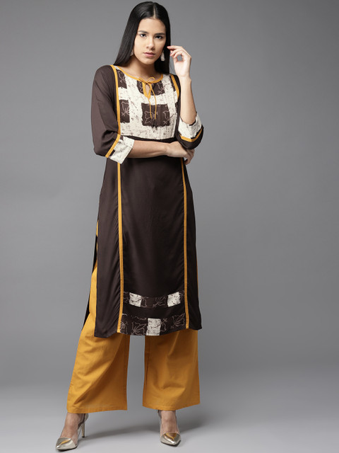 

HERE&NOW Women Coffee Brown & Mustard Yellow Yoke Design Kurta with Palazzos