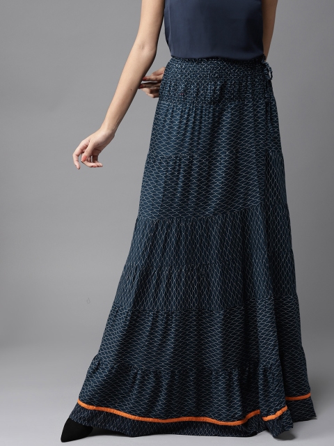 

HERE&NOW Blue & White Printed Tiered Maxi Skirt