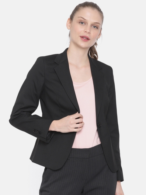 

Van Heusen Woman Black Striped Single-Breasted Formal Blazer