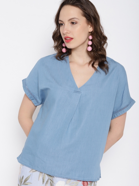 

MANGO Women Blue Solid Chambray Boxy Top