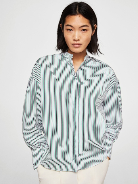 

MANGO Women Green & White Regular Fit Striped Casual Shirt