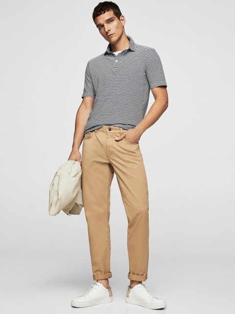 

MANGO MAN Navy Blue Striped Polo Collar T-shirt