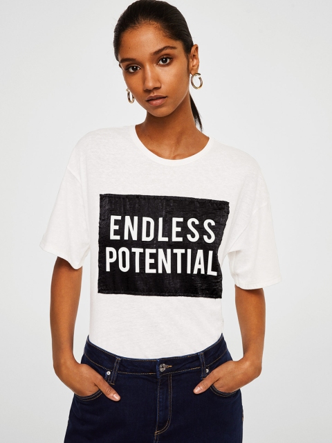 

MANGO Women White Printed Round Neck T-shirt