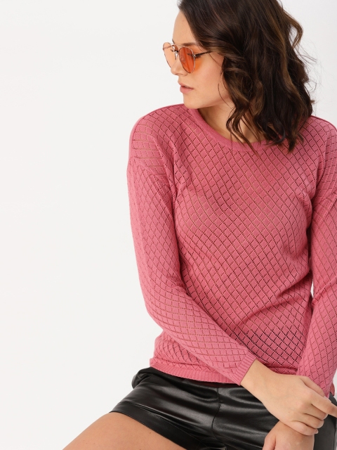 

DressBerry Women Pink Self Design Pullover