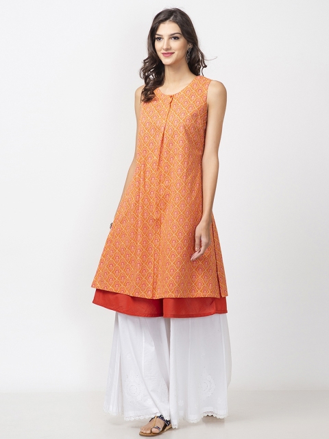 

Fabindia Women Peach-Coloured & Rust Orange Printed Layered A-Line Kurta