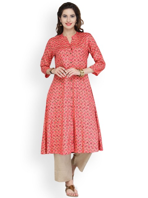 

Varanga Women Peach-Coloured & Beige Printed Kurta with Trousers