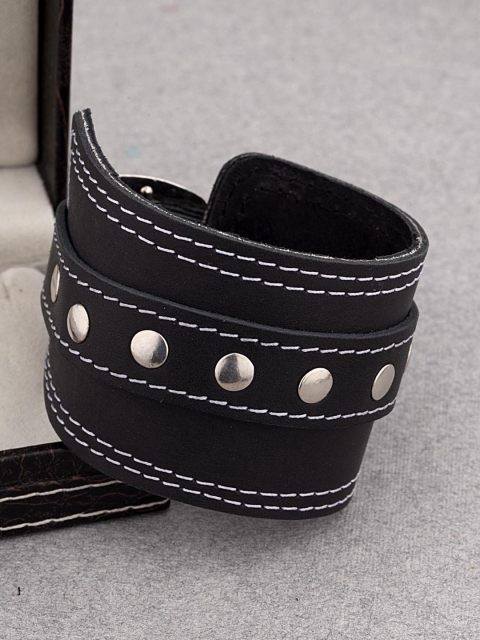 

Dare by Voylla Black Leather Silver-Plated Handcrafted Wraparound Bracelet