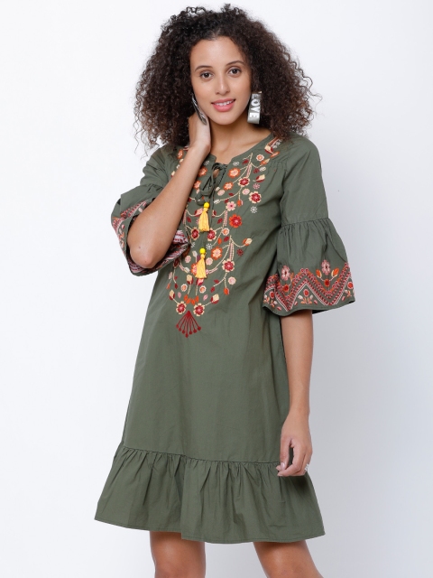 

Tokyo Talkies Women Olive Green Printed A-Line Dress