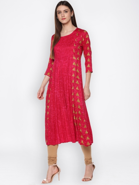 

Ives Women Pink & Black Printed A-Line Kurta