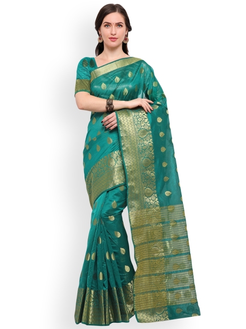 

Blissta Women Turquoise Blue & Gold-Toned Silk Blend Woven Design Banarasi Saree