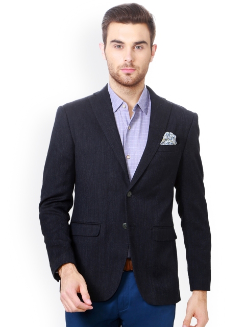 

Peter England Elite Men Black Self Design Slim Fit Single-Breasted Blazer