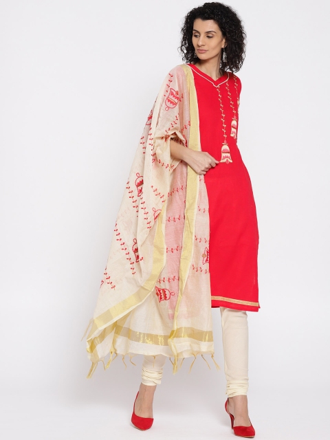 

Satrani Red & Cream-Coloured Unstitched Dress Material
