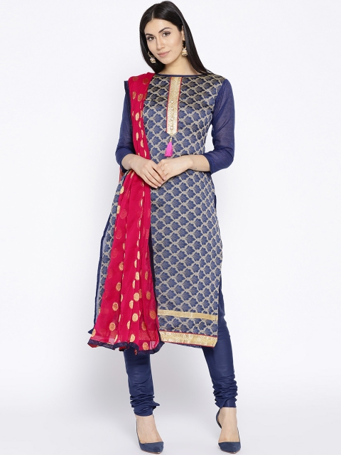 

Satrani Navy Blue & Magenta Semi-Stitched Dress Material