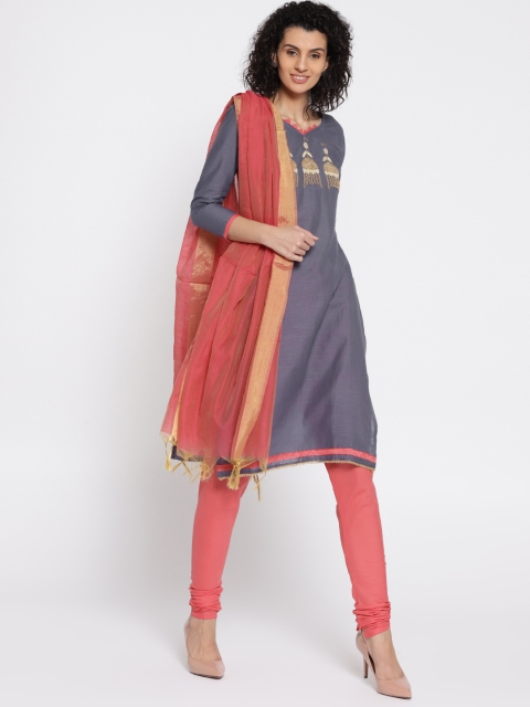 

Satrani Grey & Coral Pink Embellished Unstitched Dress Material