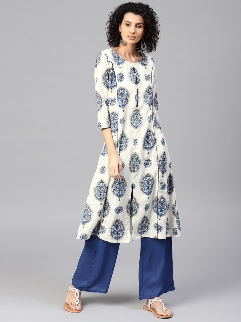 

Jaipur Kurti Women White & Blue Printed Kurta with Palazzos