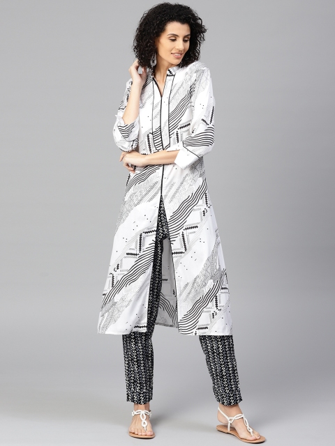 

Jaipur Kurti Women White & Black Printed Kurta with Trousers