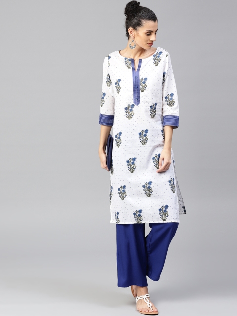 

Jaipur Kurti Women White & Blue Printed Kurta with Palazzos