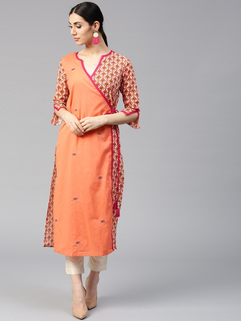 

Jaipur Kurti Women Peach-Coloured Angrakha Printed Straight Kurta