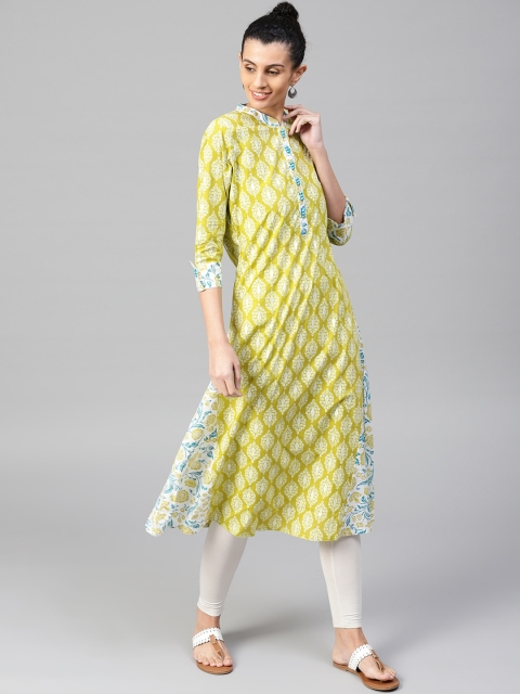 

Jaipur Kurti Women Green & White Printed A-Line Kurta