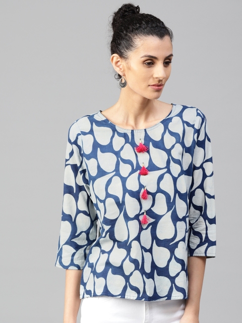 

Jaipur Kurti Women Navy Blue & Off-White Printed Top