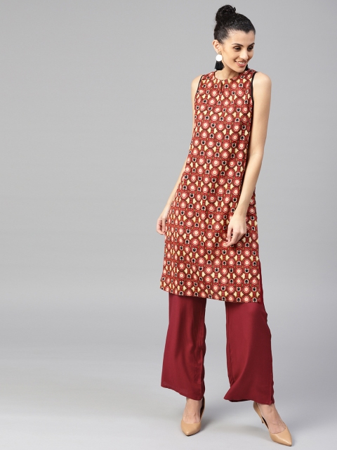 

Jaipur Kurti Women Maroon & Beige Printed Kurta with Palazzos