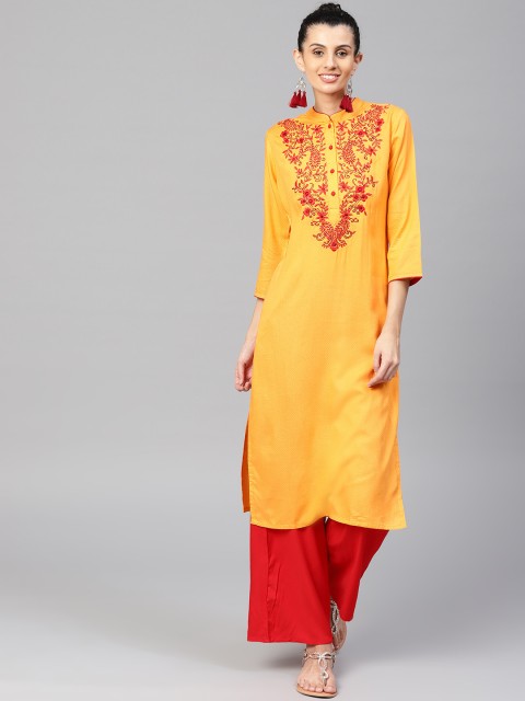 

Jaipur Kurti Women Orange & Red Embroidered Kurta with Palazzos