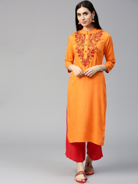 

Jaipur Kurti Women Orange Embroidered Straight Kurta