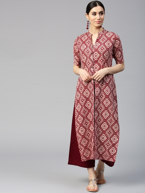 

Jaipur Kurti Women Maroon & Peach-Coloured Printed Straight Kurta