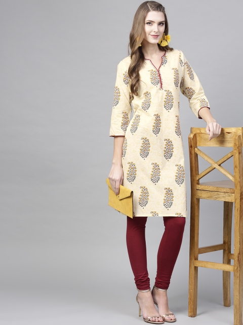 

Jaipur Kurti Women Off-White & Yellow Printed Straight Kurta