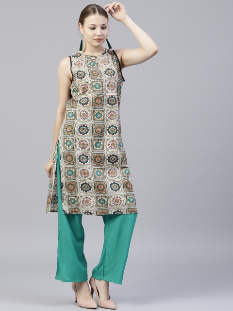 

Jaipur Kurti Women Off-White & Green Printed Kurta with Palazzos