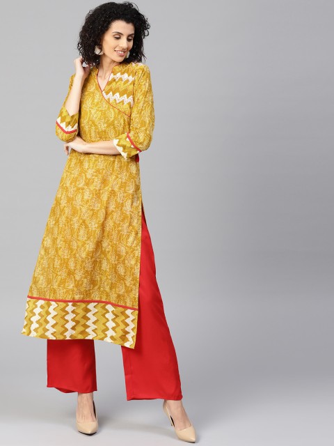 

Jaipur Kurti Women Mustard Yellow & Red Printed Kurta with Palazzos