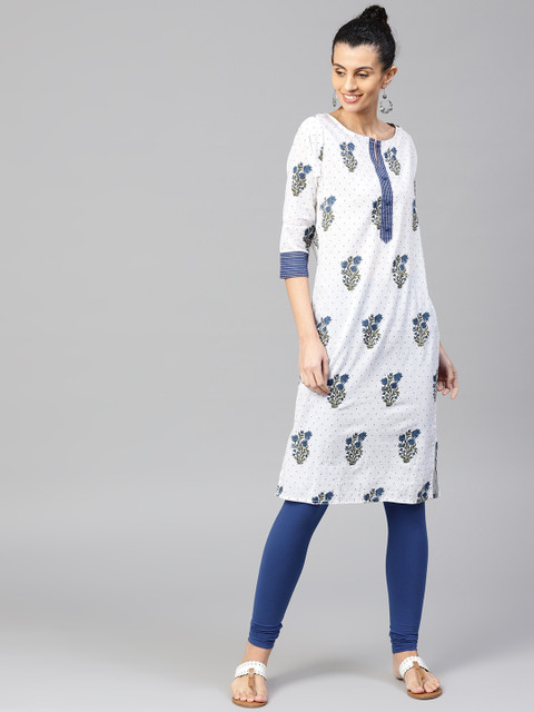 

Jaipur Kurti Women White & Blue Printed Straight Kurta
