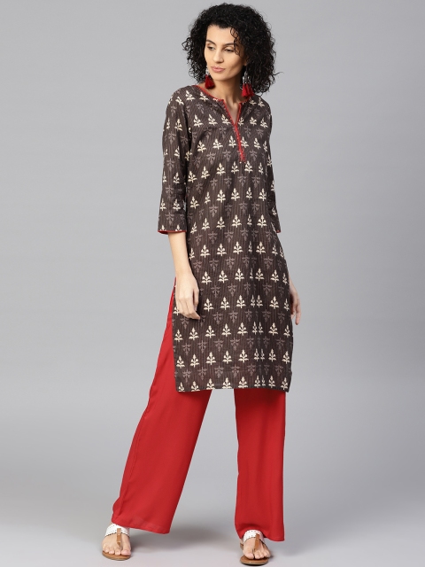 

Jaipur Kurti Women Taupe & Red Printed Kurta with Palazzos