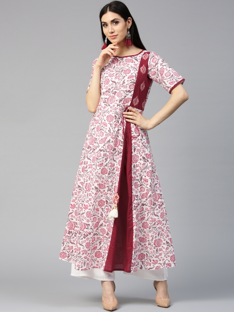 

Jaipur Kurti Women White & Maroon Printed A-Line Kurta