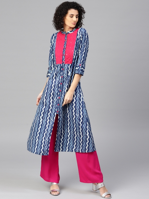 

Jaipur Kurti Women Blue & Pink Printed Kurta with Palazzos