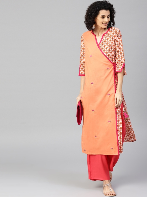 

Jaipur Kurti Women Peach-Coloured & Coral Pink Printed Kurta with Palazzos