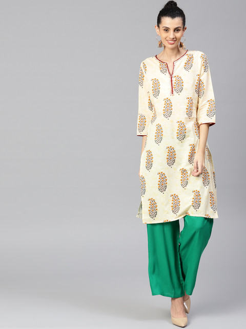 

Jaipur Kurti Women Cream-Coloured & Green Printed Kurta with Palazzos