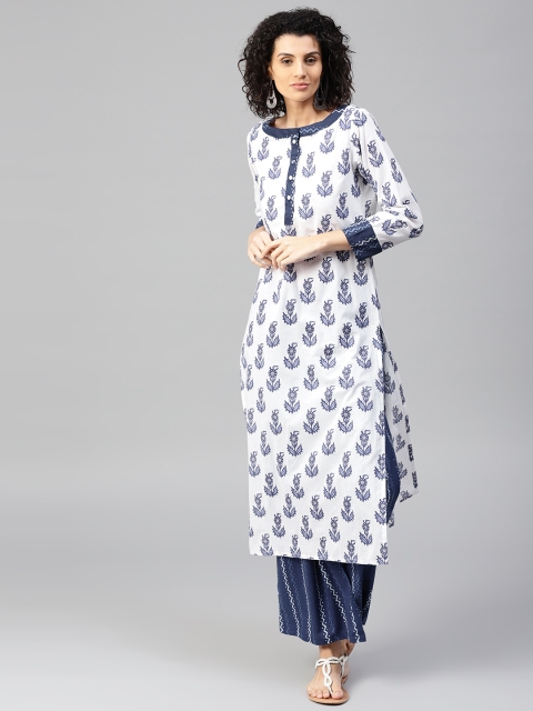 

Jaipur Kurti Women White & Blue Printed Kurta with Palazzos