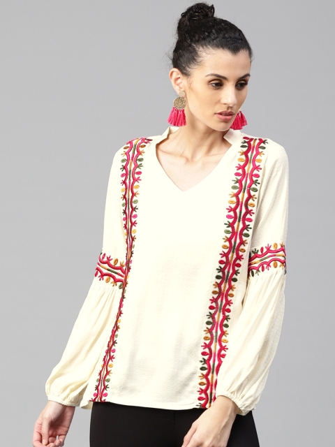 

Jaipur Kurti Women Off-White Embroidered Top