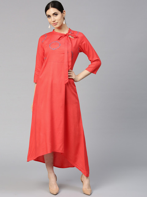 

Jaipur Kurti Women Coral Red Solid Maxi A-Line Dress