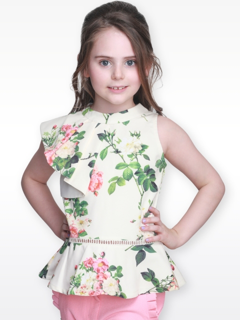 

CUTECUMBER Girls Cream-Coloured Printed Peplum Top