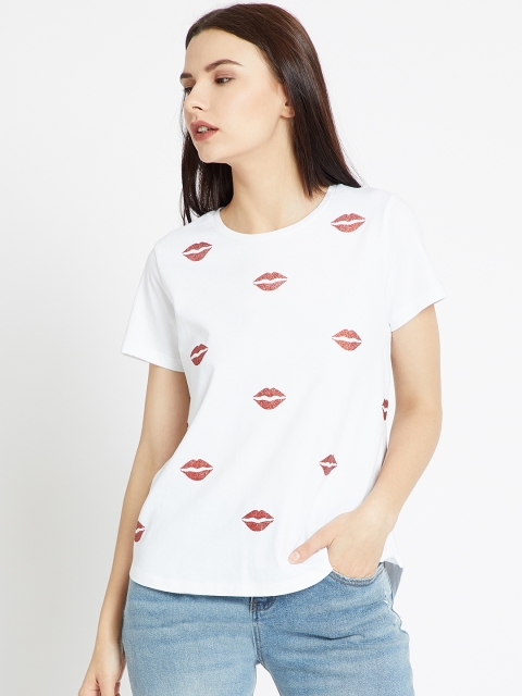 

COVER STORY Women White Printed Round Neck T-shirt