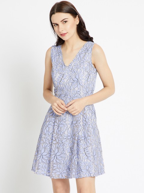 

COVER STORY Women Blue Self Design Lace Fit and Flare Dress